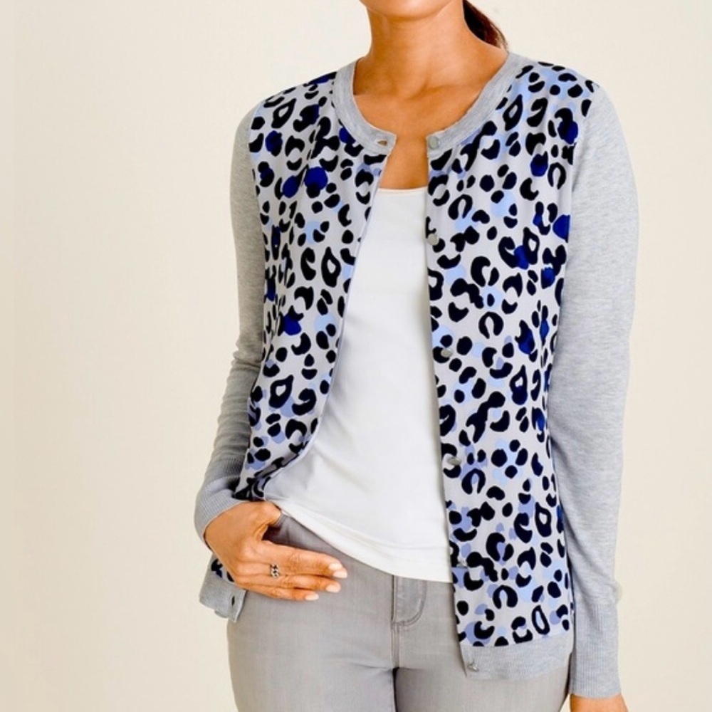 Chicos Blue Gray Leopard Print Chiffon‎ Button Front Knit Cardigan Women’s SZ M